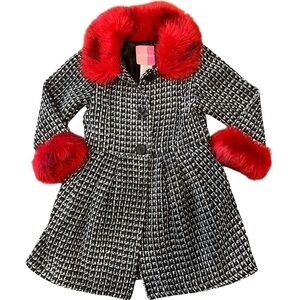 Goodlad Stylish Black and White Coat with Red Fur Accents Coat Girls Sz 4